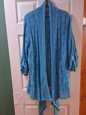 Woman Within Aqua Blue Open-Front Knit Cardigan
